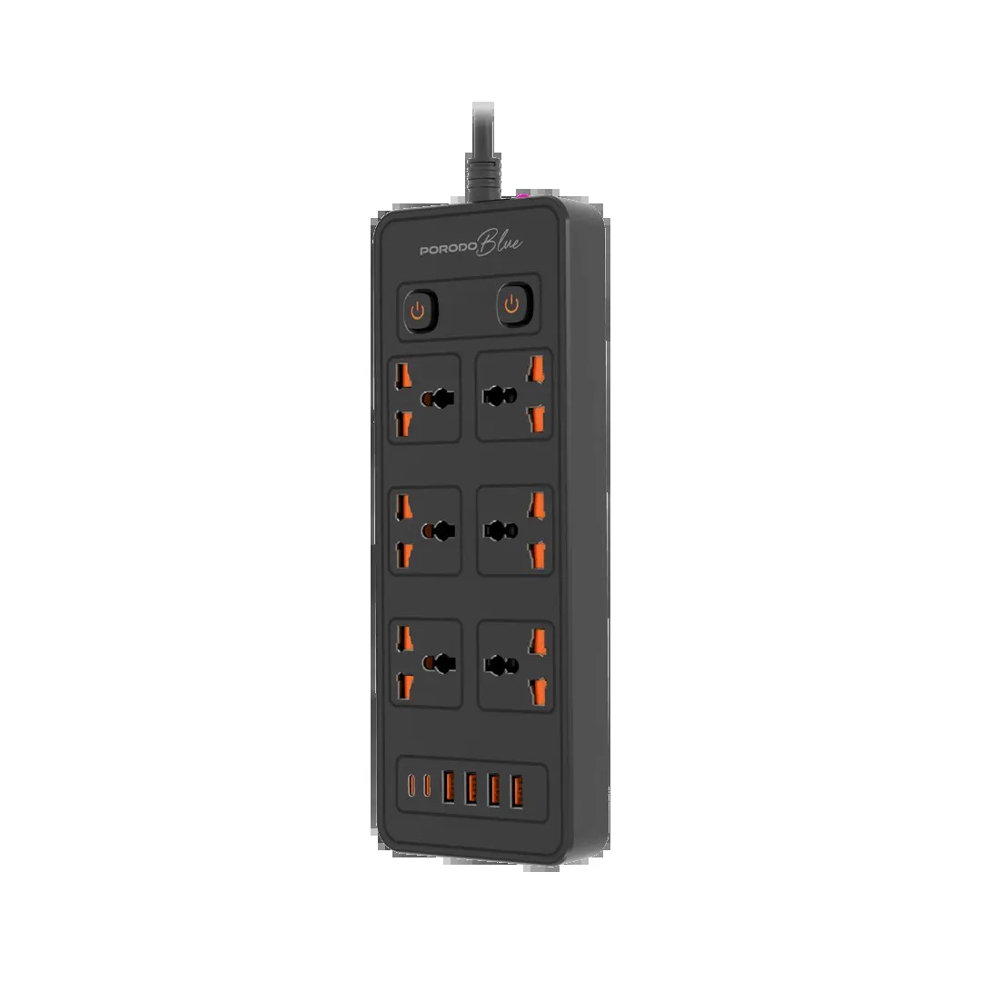 PORODO 6 AC DUAL SWITCH POWER STRIP UNIVERSAL SOCKETS 3000W 3M PB-FWCH033-BK