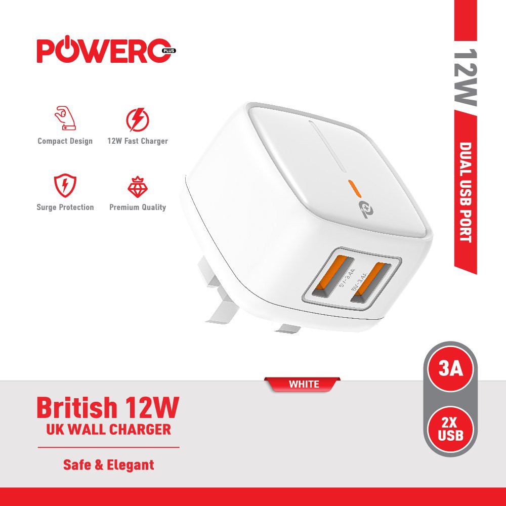 POWERO+ BRITISH 12W UK WALL CHARGER PR-TC24UKAL-WH